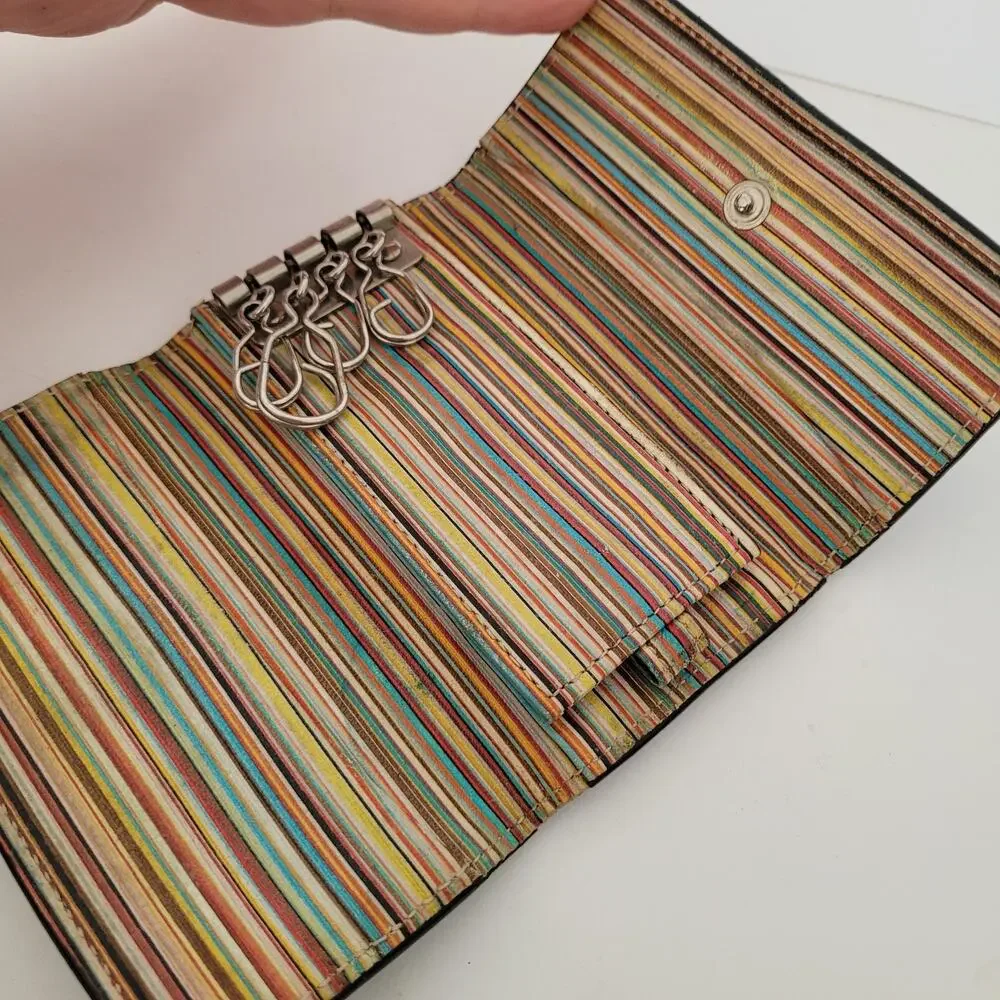 Paul Smith 4-Key Hooks Holder Case Wallet Logo Black Striped Charm Trifold Small